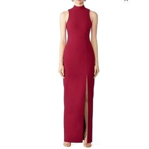 Likely red teigan gown midi sleeveless height neck open back burgundy dress